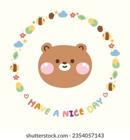 Cute teddy bear face in nature icon frame.Wild animal character design cartoon.Banner template.Decoration.Bee,corn,leaf,cloud,flower,heart hand drawn.Pastel.Kawaii.Vector.Illustration.