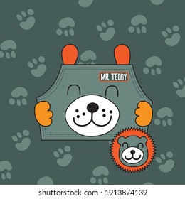 Cute teddy bear face on pocket. Teddy bear paw background pattern. Vector illustration for baby kids t-shirt graphics design