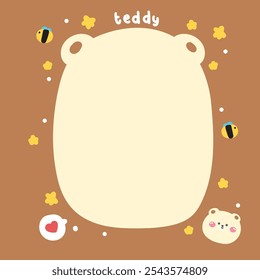 Cara linda del oso de peluche en la nota de papel. Plantilla estacionaria. Abeja, corazón, estrella dibujada a mano. Diseño de dibujos animados de personajes de animales salvajes. Imagen para tarjeta, pegatina, hoja de papel. Kawaii. Vector. Ilustración.