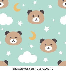 cute teddy bear face in the sky with clouds and stars, mint seamless pattern for baby girl and boy, vector print for wrapping paper, fabric and textile