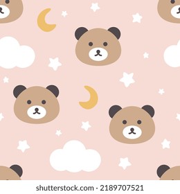 cara de osito de peluche lindo en el cielo con nubes y estrellas, patrón rosa sin costura para niña, huella vectorial para papel envolvente, tela y textil