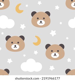 cara de oso de peluche lindo en el cielo con nubes y estrellas, patrón sin costura gris para niña y niño, huella vectorial para papel envolvente, tela y textiles