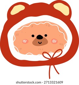 Cara linda del oso de peluche en una capucha caliente con las orejas, ilustración animal de Kawaii