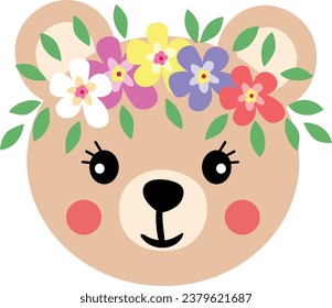 Cute teddy bear face with wreath floral on head
