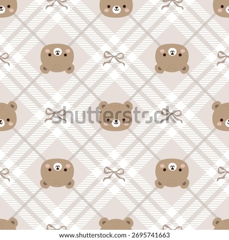 Cute Teddy Bear Faces and Bows on a soft beige plaid Seamless Pattern background. Perfect for baby products, kids fabric, nursery decor, stationery, and packaging.