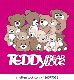 Cute Teddy bear family in different poses.  pink dots background. Vector illustration