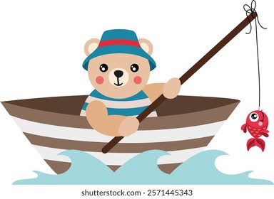 Cute teddy bear fishing in a boat
