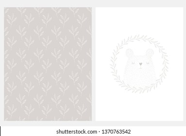 Cute Teddy Bear in Floral Wreath Vector Illustration. Seamless Vector Pattern with Hand Drawn White Doted Twigs on a Gray Background. Gender Neutral Color Nursery Art Set. Kids Room Decoration.