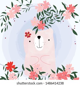 Cute teddy bear in flower bunch garden cartoon illustration vector by freehand doodle comic art, watercolor technique, for card or banner background