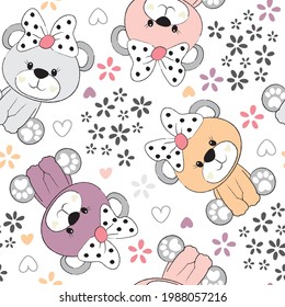 Cute Teddy Bear With Flower Cartoon Seamless Pattern.