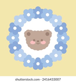 Oso de Teddy lindo con marco floral. Plantilla de carácter divertida. Ilustración vectorial. 