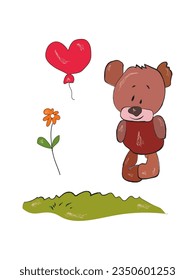 Cute teddy bear. Flower, lawn, balloon in the shape of a heart. High resolution vector illustration, isolated on a white background. All elements are separate from each other. 