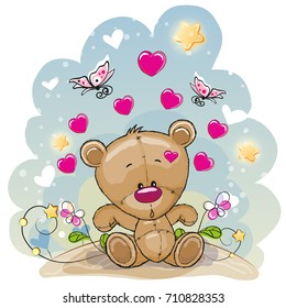 Cute Teddy Bear with flowers and butterflies