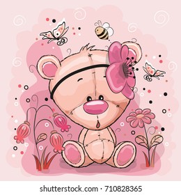 Cute Teddy Bear with flowers and butterflies