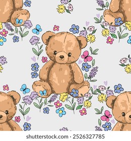 Niedlicher Teddybär und Blumen Muster nahtlos, Vektorgrafik Handgezeichnet Niedliches Druckdesign