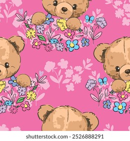 Cute Teddy Bear and flowers pattern seamless, vector illustration Hand Drawn Cute print design