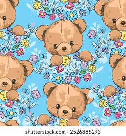 Cute Teddy Bear and flowers pattern seamless, vector illustration Hand Drawn Cute print design
