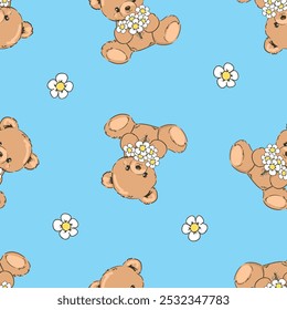 Niedlicher Teddybär und Blumen Muster nahtlos, Vektorgrafik Handgezeichnet Niedliches Druckdesign