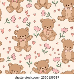 Urso de pelúcia bonito e padrão de flores sem costura, ilustração vetorial Desenhado à mão Design de impressão bonito