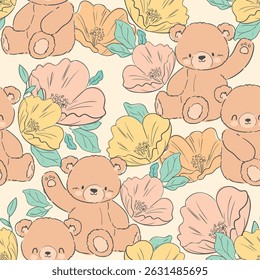Urso de pelúcia bonito e padrão de flores sem costura, ilustração vetorial Desenhado à mão Design de impressão bonito