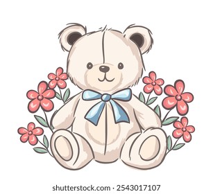 Lindo oso de peluche con flores sentado en silencio con una sonrisa suave en su cara