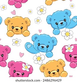 Cute Teddy Bear and flowers trend pattern seamless, vector illustration Hand Drawn Cute print design for kids 