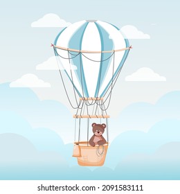 Cute teddy bear flying at the ballon, with blue background