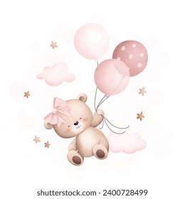 Cute teddy bear flying with balloons