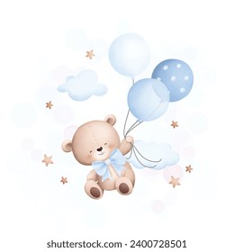 Cute teddy bear flying with balloons