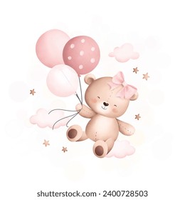 Cute teddy bear flying with balloons