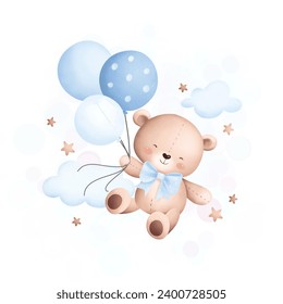 Cute teddy bear flying with balloons