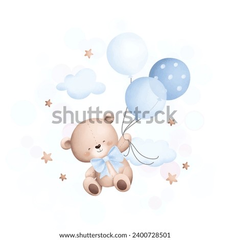 Cute teddy bear flying with balloons