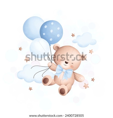 Cute teddy bear flying with balloons