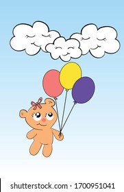 oso de peluche lindo volando a las nubes con globos coloridos