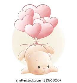 Cute teddy bear flying with heart ballon, Baby milestone animals card