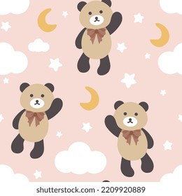 Cute teddy bear flying in the pink sky with stars and clouds with moon. Happy brown bear in a bow tie with kawaii face seamless pattern for kids. Wrapping paper, fabric and textile baby design.