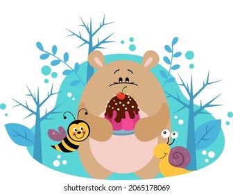 Cute Teddybär im Wald, der einen Kuchen mit Schnecke und Biene hält

