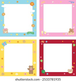 Cute teddy bear frame set with butterfly, flowers, star, clover leaf for background, wallpaper, backdrop, polaroid frame, photo card, banner, square ad template, animal print, zoo, souvenir shop