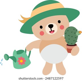 Cute teddy bear gardener holding cactus pot and watering can