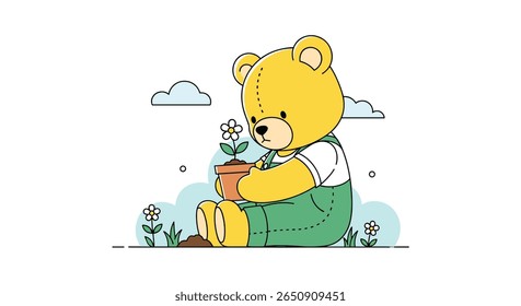 Cute teddy bear gently caring for a small flower in a pot outdoors