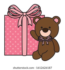 cute teddy bear with gift box isolated icon vector illustration design