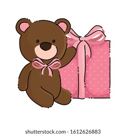 cute teddy bear with gift box isolated icon vector illustration design