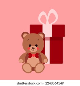 Cute teddy bear with gift box, greeting card, vector illustration