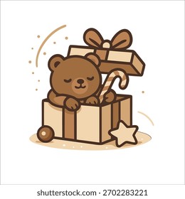 Lindo Oso De Peluche En Caja De Regalo Con Vector De Bastón De Caramelo