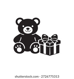 Cute teddy bear with gift box black and white vector illustration for gifts and holiday presents