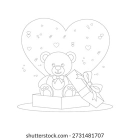 Lindo oso de peluche en caja de regalo con corazones para colorear página e ilustración de arte de línea para niños Actividad