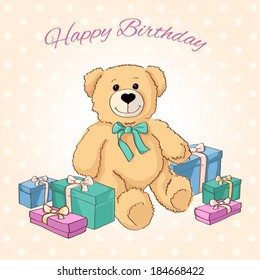 Cute Teddy Bear with gifts. Vector.