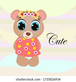 Cute teddy bear girl. Adorable animal character for design of album, scrapbook, card and invitation. Flat cartoon colorful vector illustration.