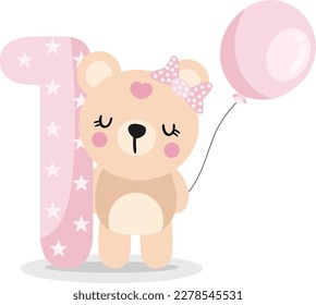 Cute teddy bear girl with balloon to celebrate happy 1st year or 1st month
