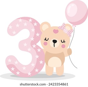 Cute teddy bear girl with balloon to celebrate happy 3st year or 3st month
